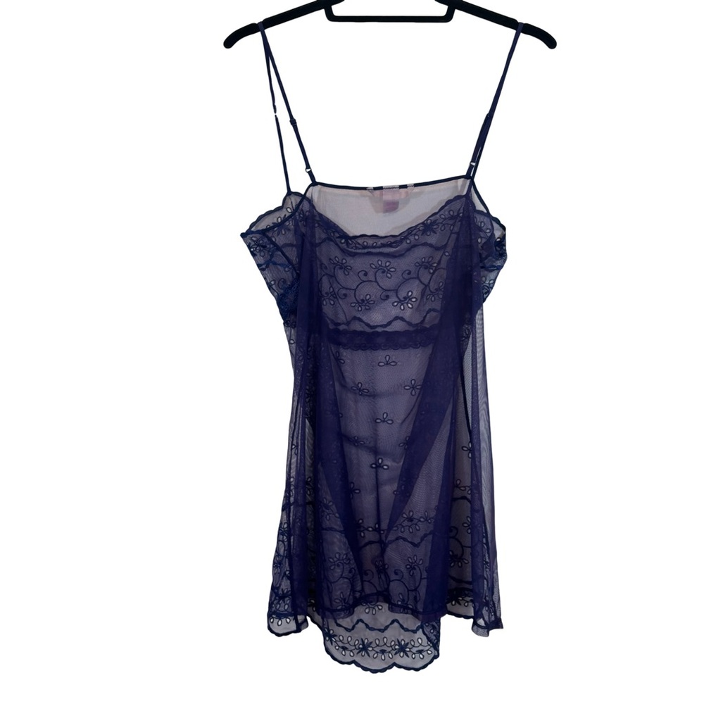 Vntg Y2k Victoria’s Secret Navy Sheer Mesh Embroidered Slip Dress Chemise Sz L